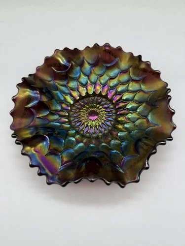 Vintage Carnival Glass Ruffled Iridescent Bowl 6.5” Peacock Sunflower Look