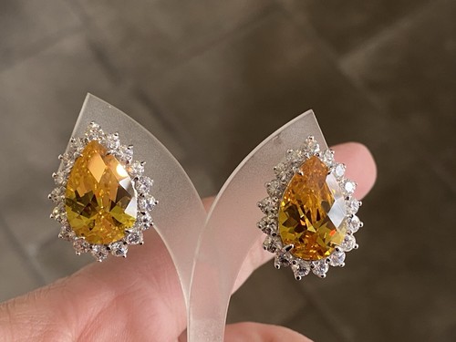 Charles Winston Sterling Silver Canary & White CZ Omega Back Earrings & Ring Set - Picture 13 of 19