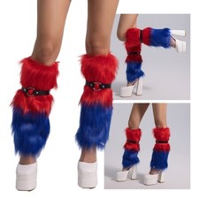 Women Winter Furry Leg Warmer Socks Christmas Colorblock Leggings Cover