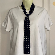 Vintage dark navy blue thin, long polyester scarf with white polka dots