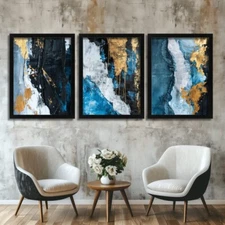 Abstract Wall Art Set of 3 Prints Blue Gold Home Decor Modern Luxury Posters 