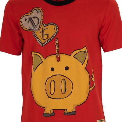 DOLCE & GABBANA Money Box Pig Cotton T-Shirt with Logo Patch Red