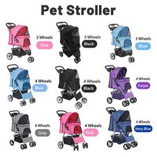 3/4-Wheel Lightweight Pet Dog Travel Stroller Folding w/Safety Belt & Cup Holder