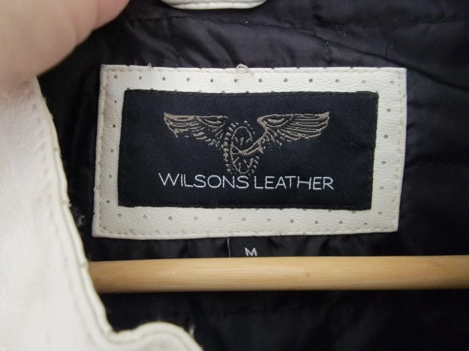 Wilsons Faux Leather White Jacket Medium Red Blue Stripes Motorcycle Moto - Image 4 of 4