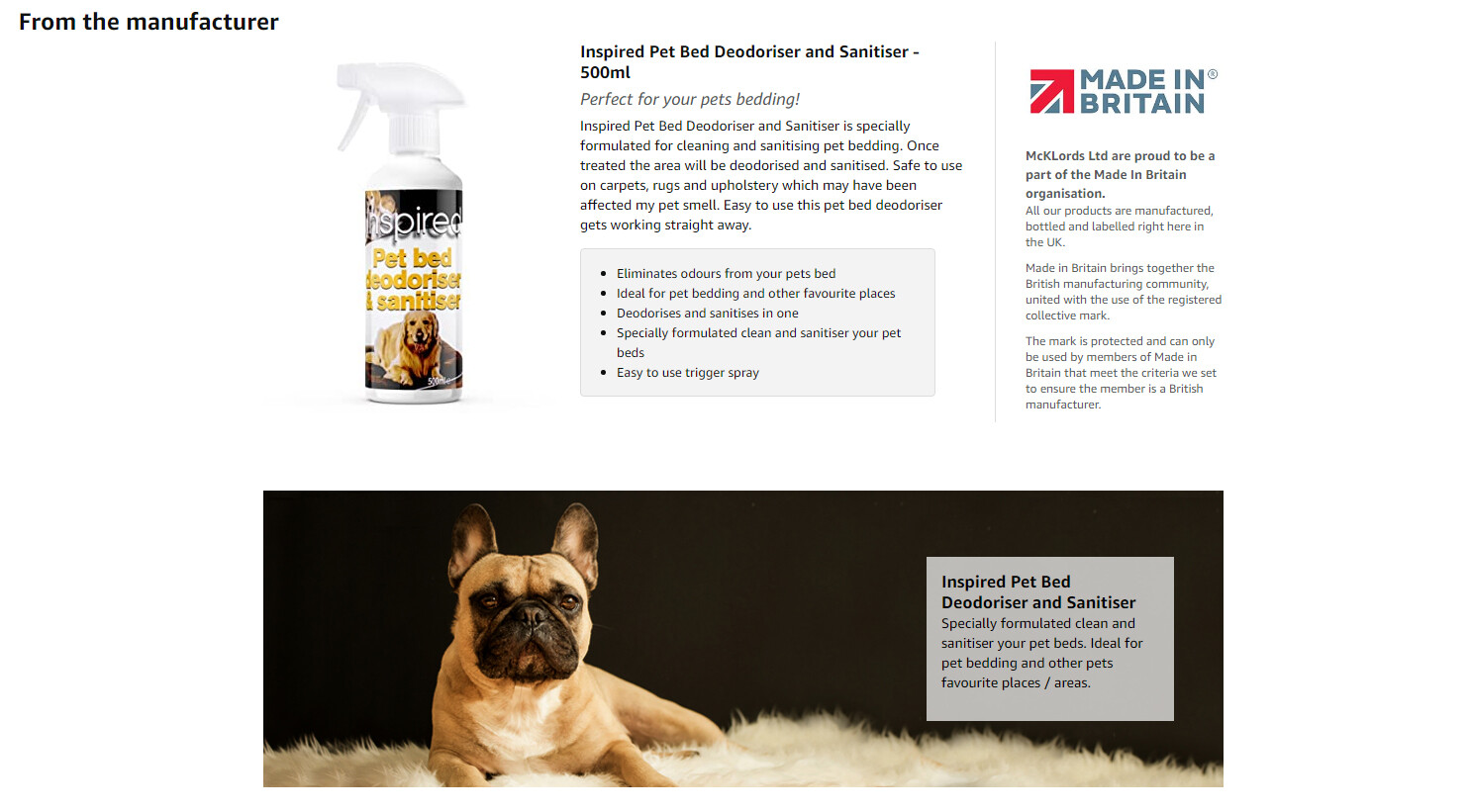 Pet Bed Deodoriser and Sanitiser Spray Inspired 500ml Formulated for