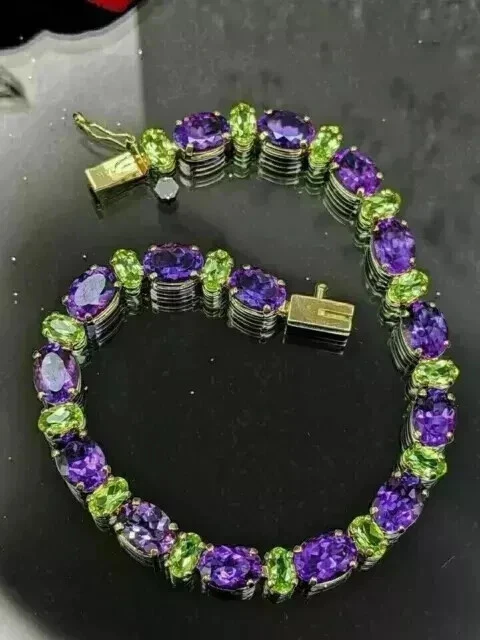 8Ct Oval Cut Lab-Created Amethyst Peridot Tennis Bracelet 14K Yellow Gold Plated - Image 3 of 4