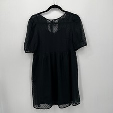 American Eagle Dress Womens XS Black Babydoll Sheer Lined Swiss Dot Puff Sleeve