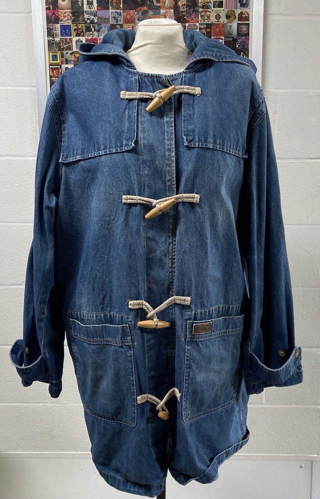 VTG Denim Jacket Toggle Fleece Lined Womens 1X Trench Hooded WORN FADED LOOK-image