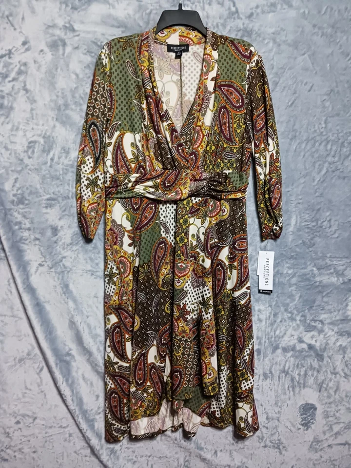 Vestido Perceptions New York Mujer XL Slinky Paisley Alto Bajo Cuello en V Crucero Moderno Foto 4 de 4