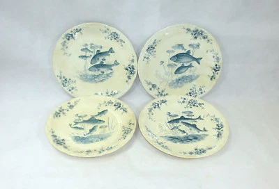 Vier Jugendstil Fayence Teller Franz Anton Mehlem Bonn um 1900 Fische - Bild 1 von 4