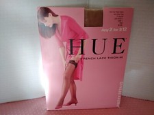 HUE Womens French Lace Top Thigh High Stockings Very Sheer Leg Tan Size 1