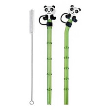 Glass Straws with Panda Tips and Cleaning Brush, Reusable Drinking Straws Set