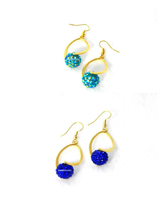 GOLD-PLT. SWIRL EARRINGS W/ 12MM SHAMBALLA DRK BLUE & TURQUOISE-2 FOR ONE SALE