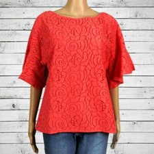 Banana Republic Floral Lace Ruffled Flutter Sleeve Shirt Top XS Coral Pink Red