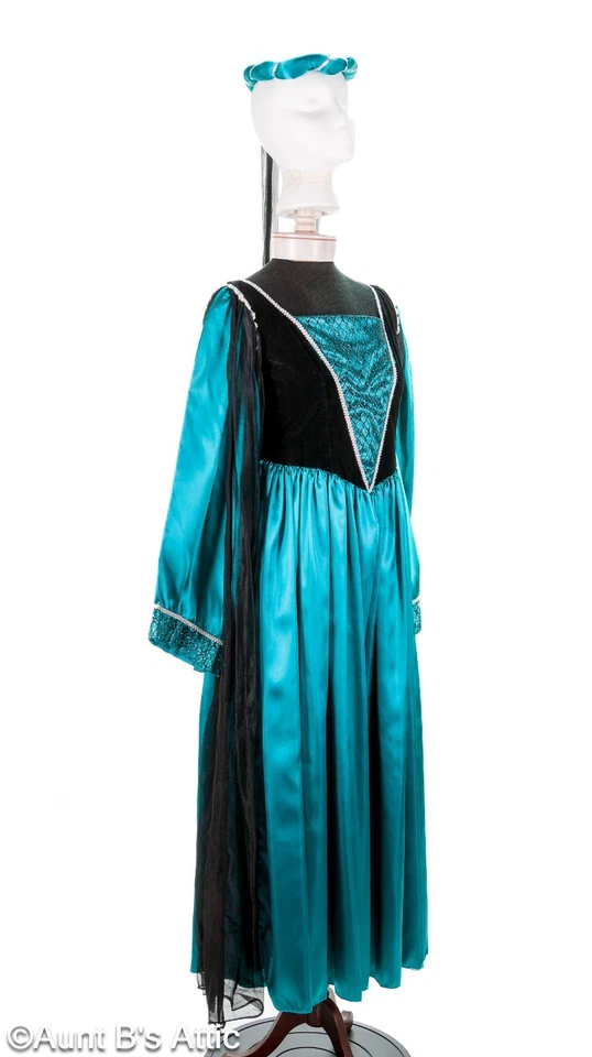 Vestido de doncella renacentista 2 piezas talla esmeralda satinado y negro terciopelo vestido y tocado Foto 3 de 4