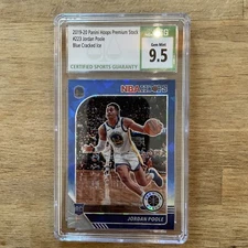 2019 Panini Hoops Premium Jordan Poole Rookie CSG 9.5 Blue Cracked Ice Prizm RC