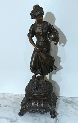 BEAUTIFUL 18'' TALL VINTAGE METAL STATUE OF A YOUNG GIRL HOLDING A CUP AND A BOWL