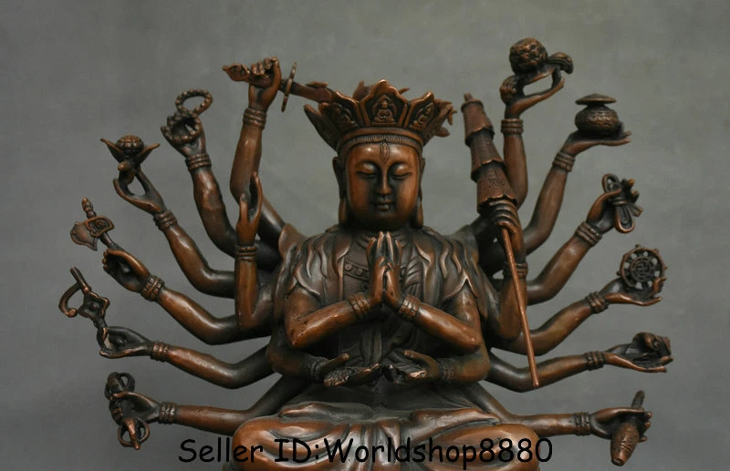 12" Old Tibet Buddhism Red Copper 18 Hands Maha Cundi Mother Buddha Lotus Statue - Image 2 of 4
