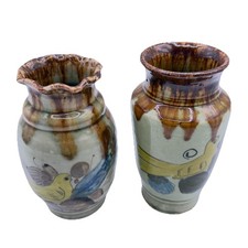 2 Vintage Vases Bird and Floral Folk Art Mexico Green