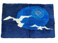 Vintage 70s Blue Seagulls Moon Latch Hook Rug Wall Hanging Art Home Deco 35 X 24