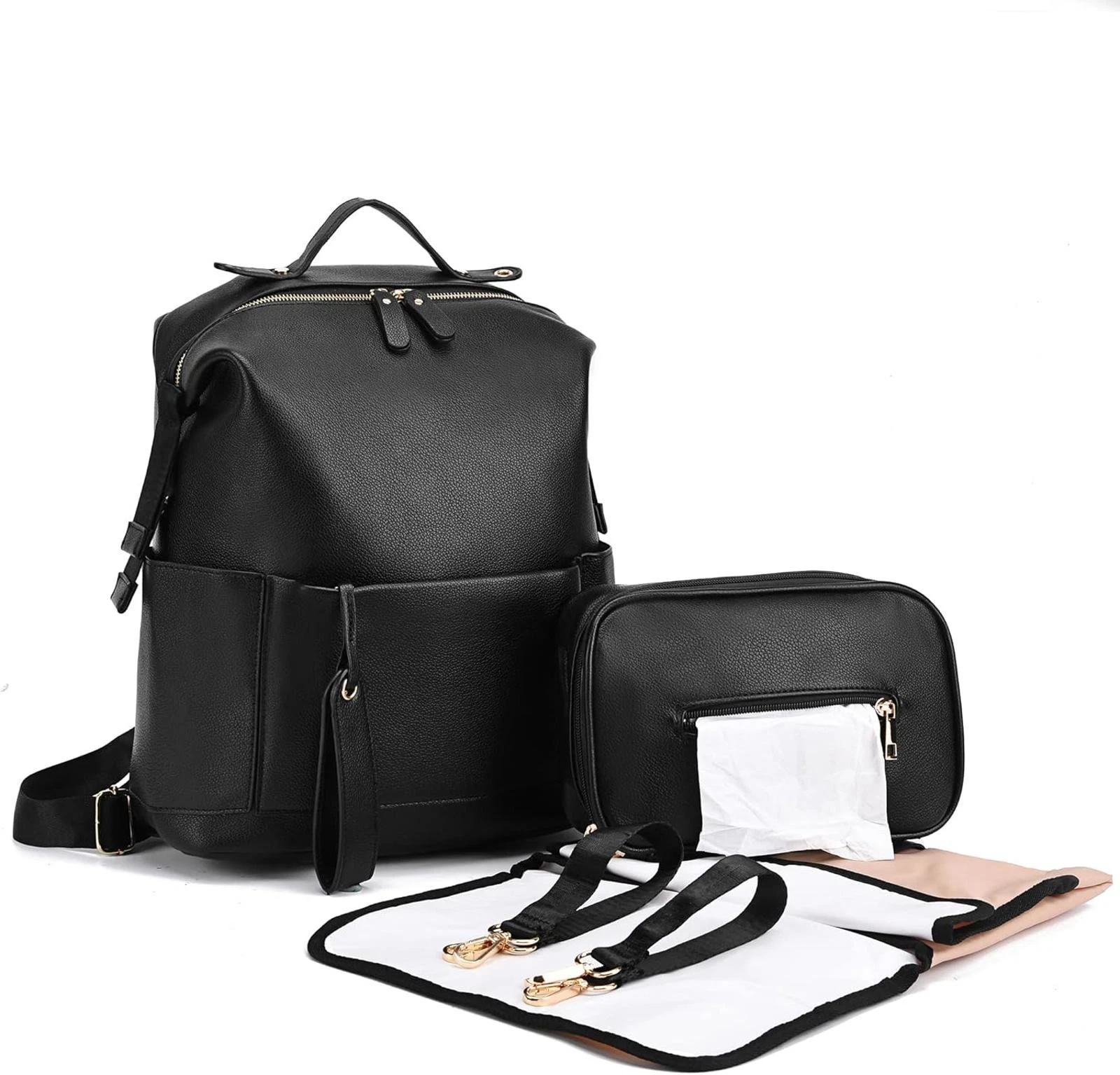 ARDIKAMA Black Diaper Bag Backpack Leather with Stroller Straps and Changing Pad