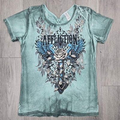 Affliction Shirt  L Green Lace Up Crochet Back Wings Rose Y2K 100% Cotton