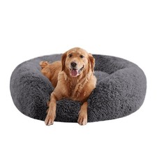 Calming Dog Beds for Large Dogs, Faux Fur Donut Large-34 inch, Dark Grey