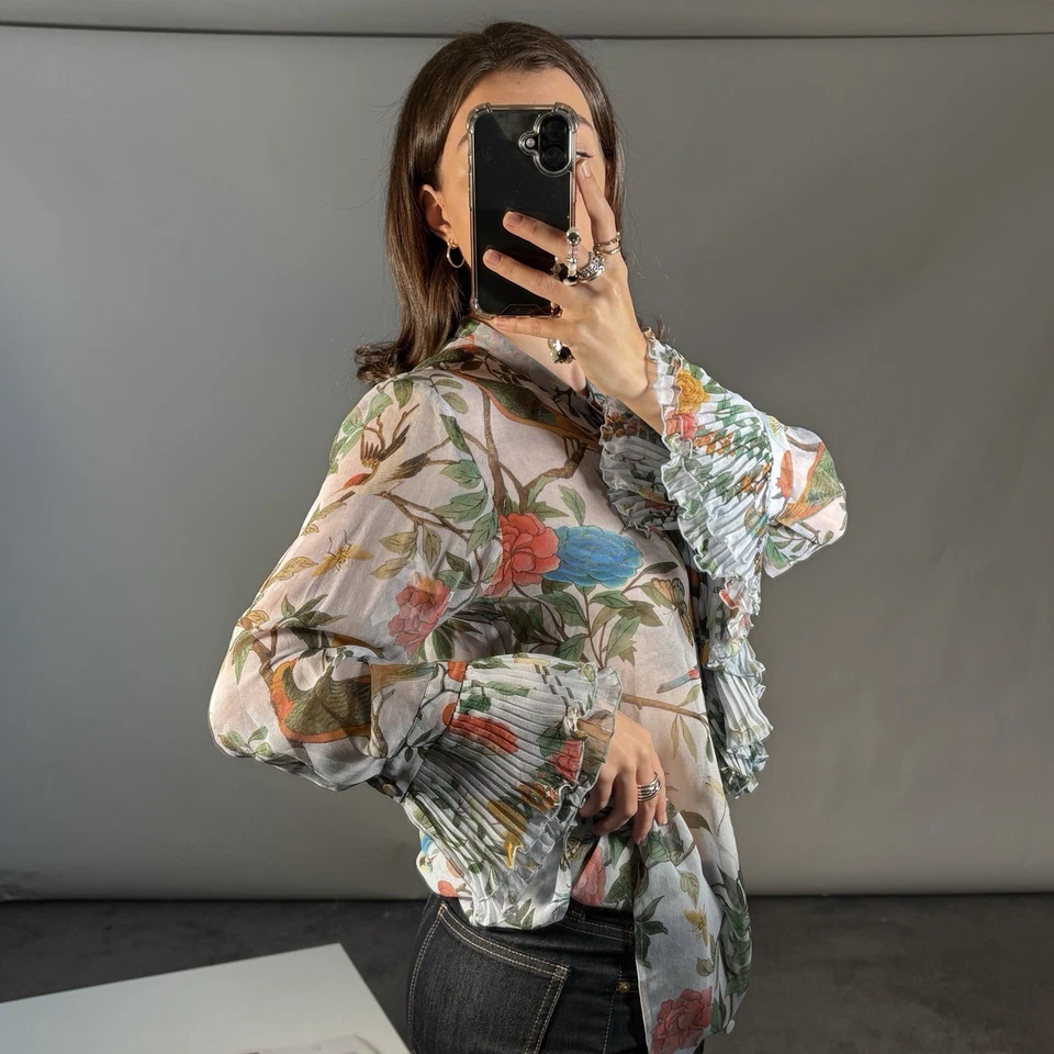 GUCCI Blouse IT 42 UK 10 Blue Sheer Floral Ruffle Front & Sleeve Button Down — 第 4/4 张图片