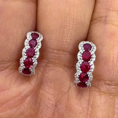 2Ct Round Cut Simulated Red Ruby Women's Hoop Earrings In 14K White Gold Plated