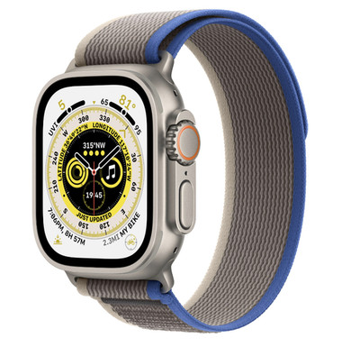 Apple Watch Ultra 49mm Titangehäuse mit Blau/Grau Trail Loop Armband, S/M