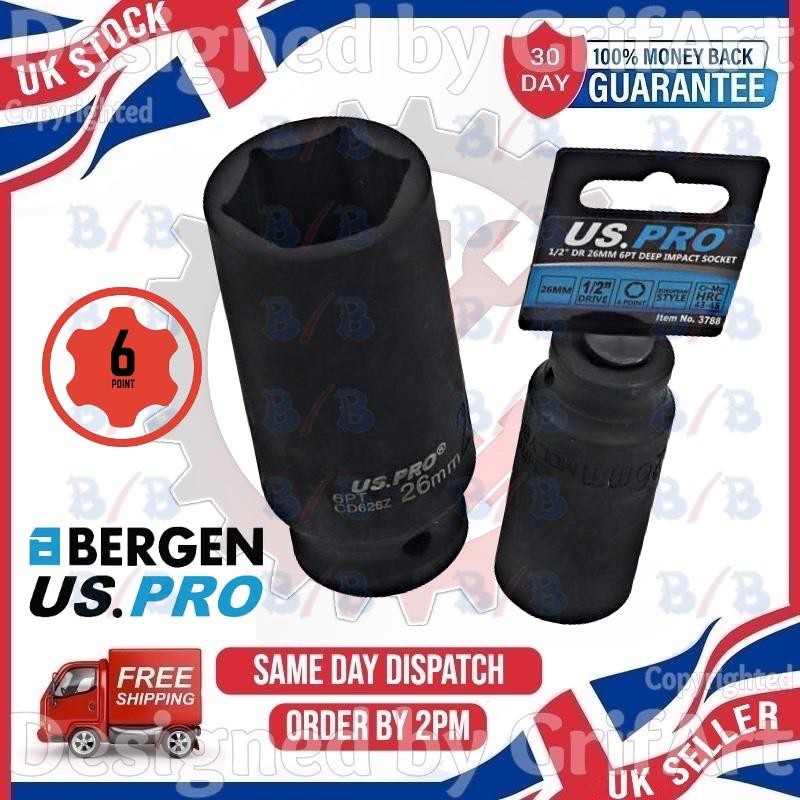 US PRO 26MM DEEP IMPACT SOCKET 1/2"" DRIVE 6PT SINGLE CR-MO HEX WRENCH LONG REACH