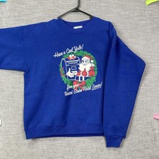 Vintage Lee Sweatshirt Mens L Blue USPS Santa Christmas Fleece Pullover USA