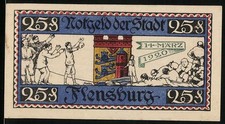 Notgeld Flensburg, 1920, 25 Pfennig, Illustration von Menschen und Stadtwappen, 