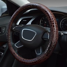 Crocodile Grain Leather Car Steering Wheel Cover Sporty Auto Accessory, Brown