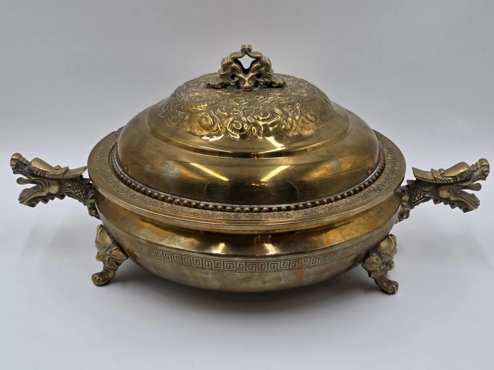 Antique Chinese Brass Dragon Handle Lidded Tureen Qing Hot Pot with Foo Dog Lid - Image 2 of 4