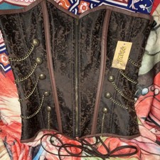Spirit Steampunk Brown Faux Leather Underbust Corset XL Chain Damask Lace Up