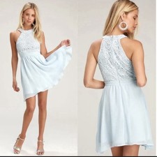 NWT Lulus Baby Blue Crochet Lace Mini Dress Small CottageCore Fairy Flowy Skater