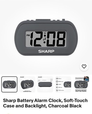 Sharp Battery Alarm Clock, Soft-Touch Case and Backlight, Charcoal Black In BOX