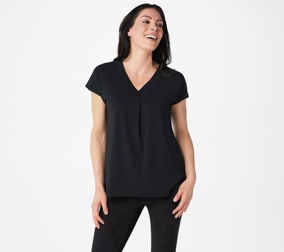 H by Halston Jet Set Jersey Extended Shoulder V-Neck Top, Black, Size: Large