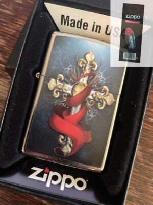Zippo 203444 Cross Wrapped in Red Ribbon Chrome Lighter + FLINT