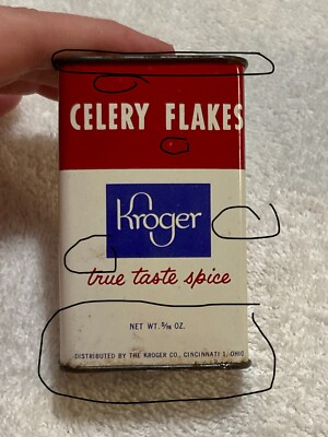 Kroger Celery Flakes White Background with Red Accents Spice Tin 5/18oz Metal