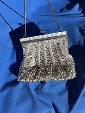 Vintage Silver White Beaded Sequined Pearl Trim Evening Bag Purse Hong Kong 6"