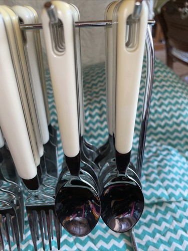 Vt Stainless China Flatware Set with Hanging Rack White 24 pc Some yellowing - Picture 3 of 6