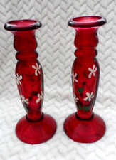 Vintage Pair Red Glass Bud Vases Hand painted