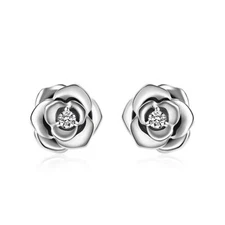 Sterling Silver CZ Stone Flower Stud Earrings Jewelry Gift For Women