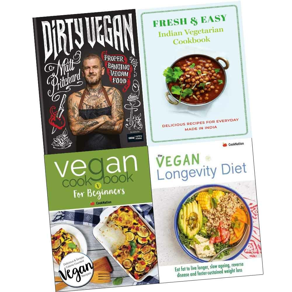 Vegan recipe 4 books set Dirty Vegan, Longevity Diet, Fresh Indian Cookbook