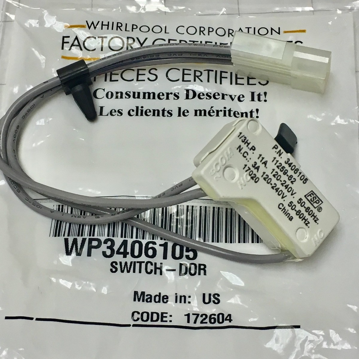WP3406105 Genuine OEM Whirlpool Kenmore Dryer Door Switch 3406105