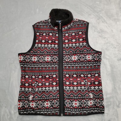Karen Scott Sport Vest Womens L Petite Black Red Fleece Aztec Full Zip  Outdoor