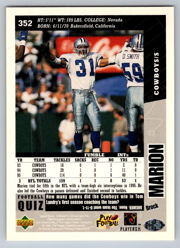 1996 Collector's Choice #352 Brock Marion - Image 2 of 2