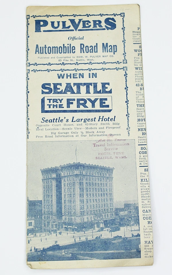 1922 SEATTLE WASHINGTON TOURIST GUIDE Automobile Road Map Frye Hotel Brochure - Image 2 of 4